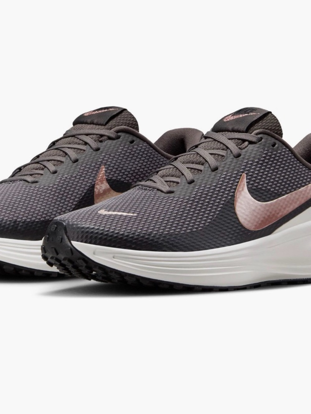Nike Women’s Athletic Shoes in Dark Gray with Rose Gold Swoosh